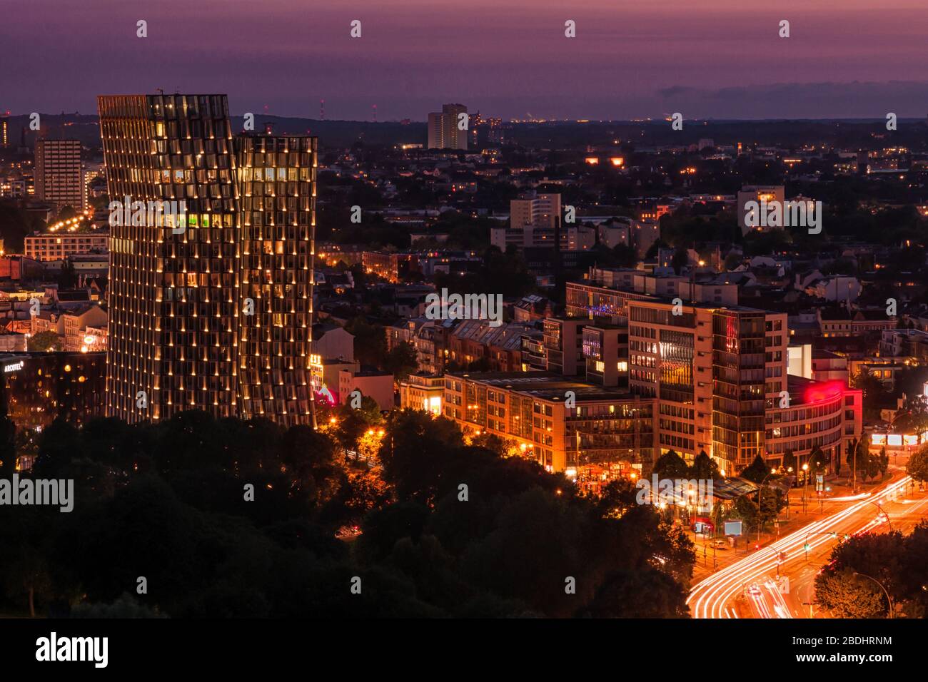 Evening view of the dancing towers on the Hamburg Reeperbahn Stock Photo