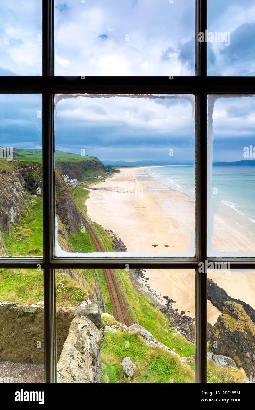 View of the Downhill beach from inside the Mussenden temple. Castlerock, County Antrim, Ulster region, Northern Ireland, United Kingdom. Stock Photo