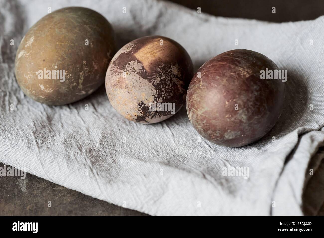 Easter eggs naturally dyed with onion skins. Selective focus. Stock Photo
