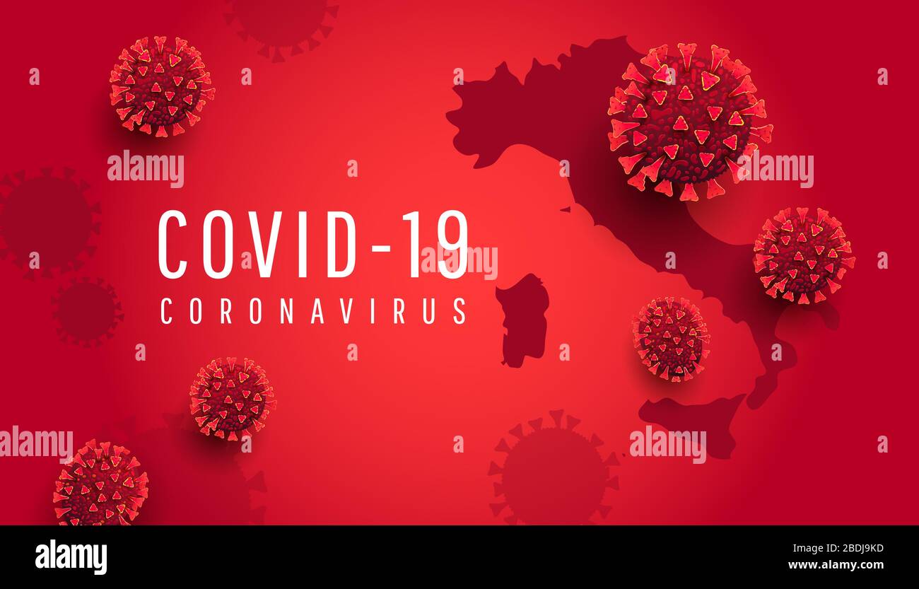 Covid-19 coronavirus quarantine horizontal banner with 3d virus infected cells and globe Italy map on a red background. Medical health risk concept Stock Vector