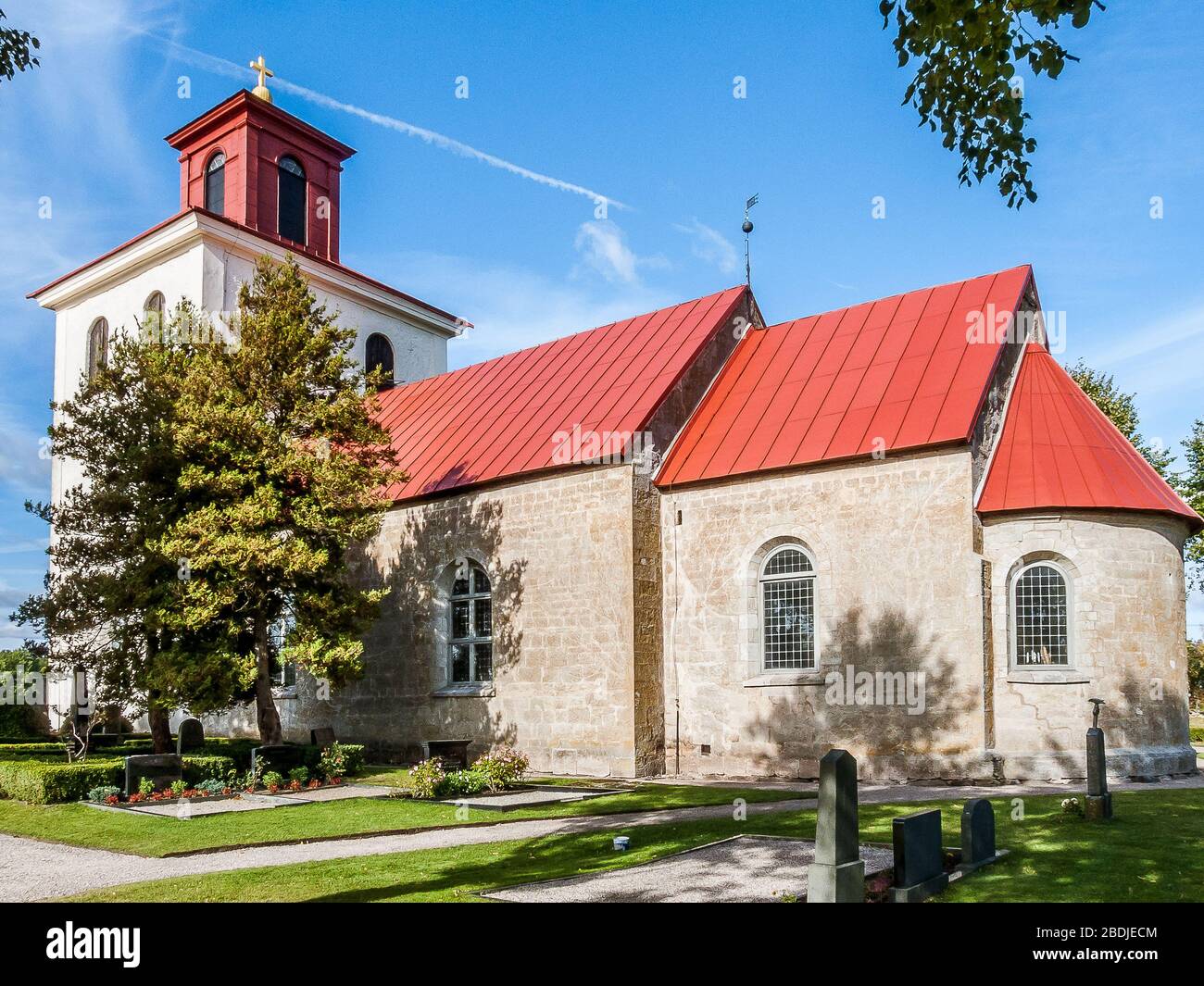 Rural Church with a big tower in N. Stro, Sweden, October 9, 2009 Stock Photo