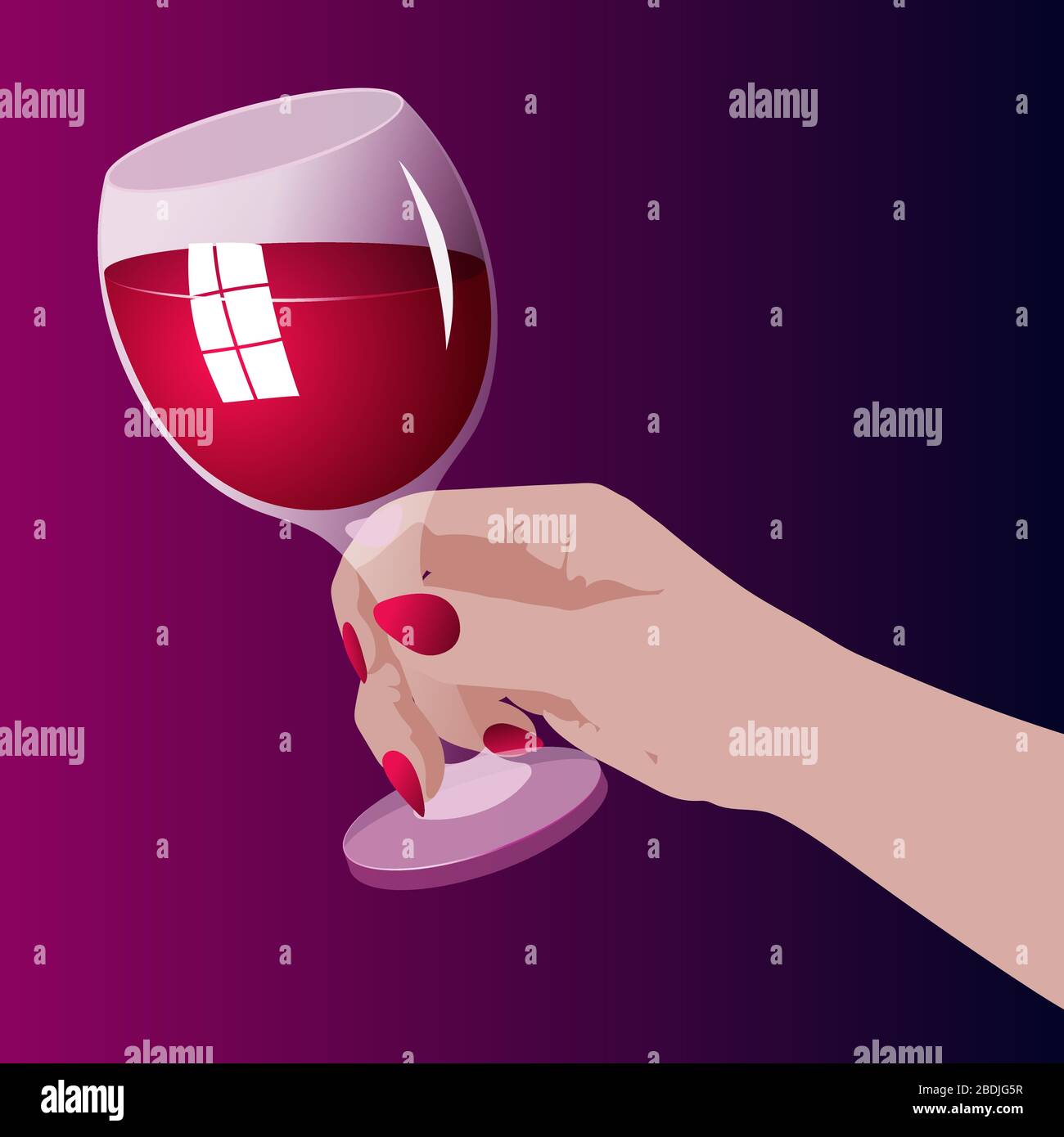 A woman's hand holding a glass of red wine, color vector illustration Stock Vector