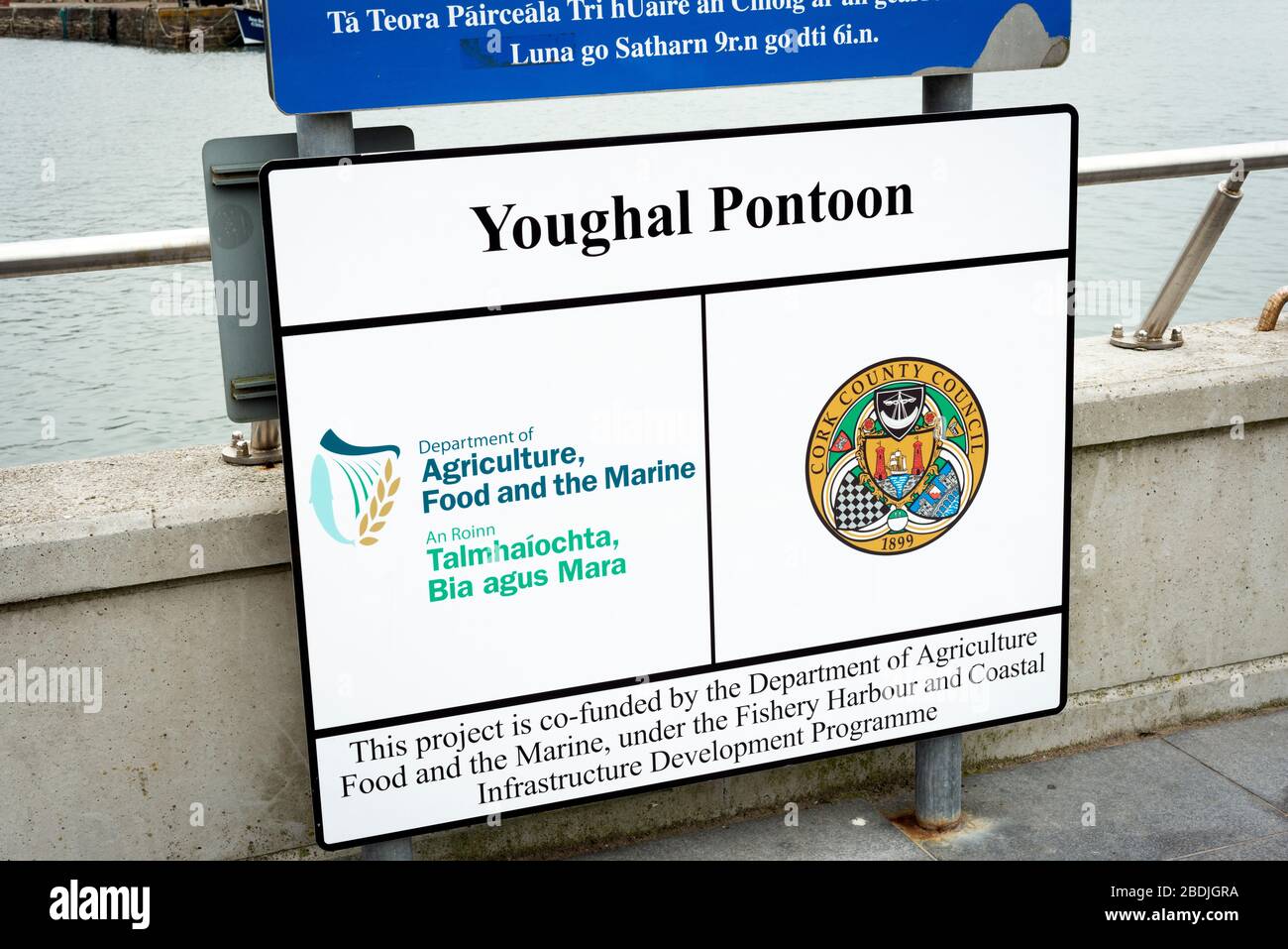 Information sign and Council notice for the new Youghal Pontoon co-funded by the Department of Agriculture Food and the Marine in Youghal, Ireland Stock Photo