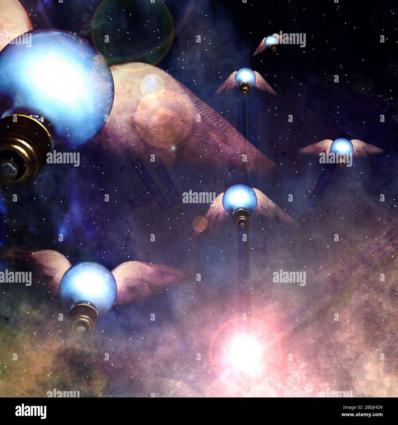 Winged light bulbs and ancient clock face Stock Photo Alamy