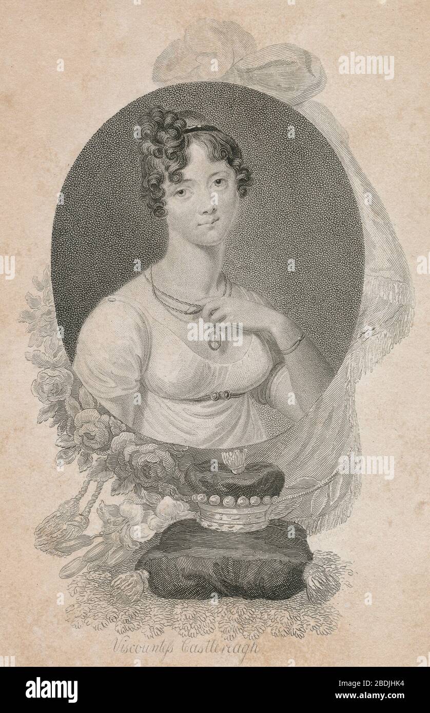 Antique engraving, Amelia Stewart, Viscountess Castlereagh. Amelia Anne 'Emily' Stewart, Marchioness of Londonderry (1772-1829), from 1794 until 1821 generally known as Lady Castlereagh, was the wife of the Georgian-era Irish statesman Robert Stewart, Viscount Castlereagh. SOURCE: ORIGINAL ENGRAVING Stock Photo