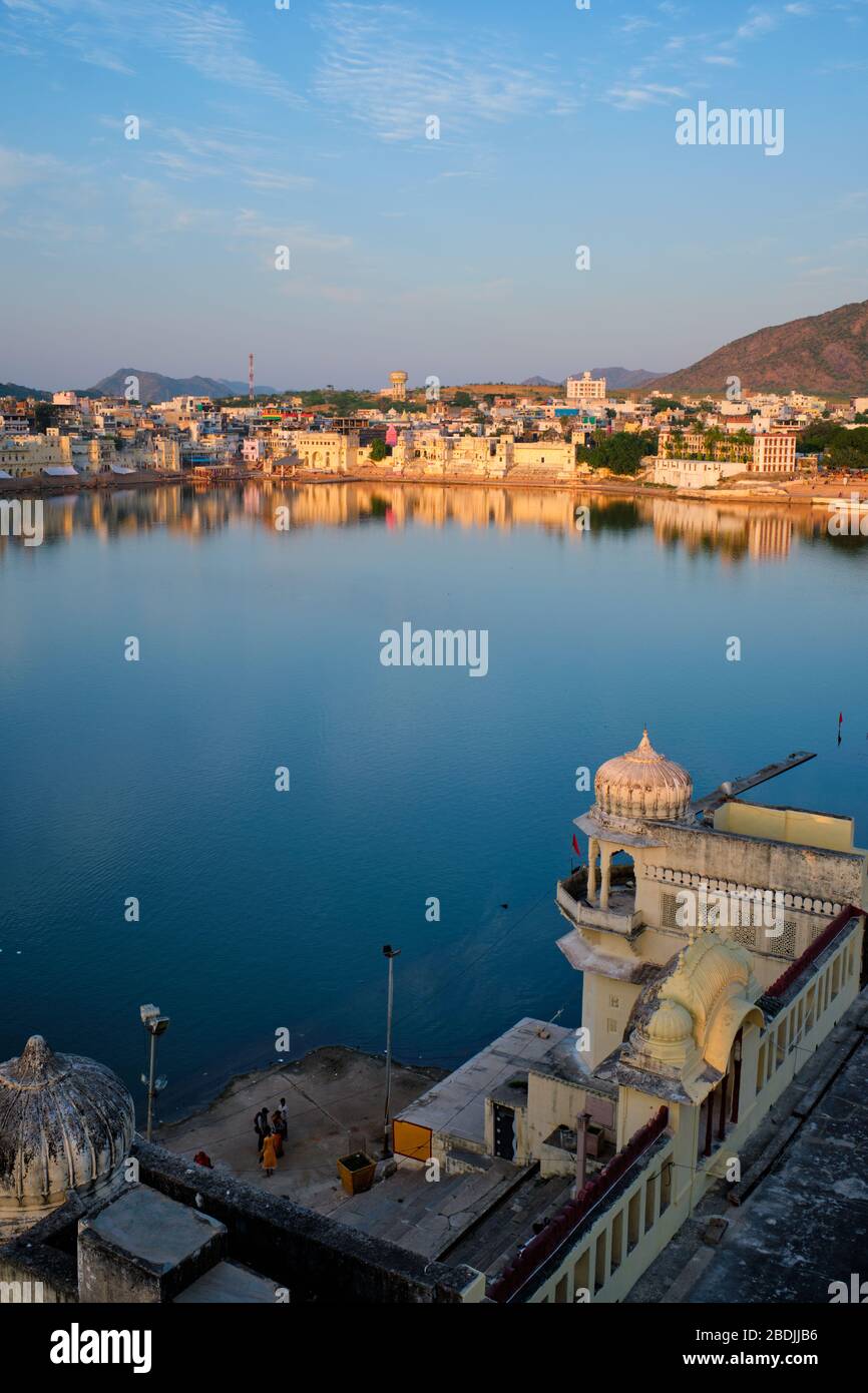 View of famous indian sacred city Pushkar with Pushkar ghats. Rajasthan, India Stock Photo