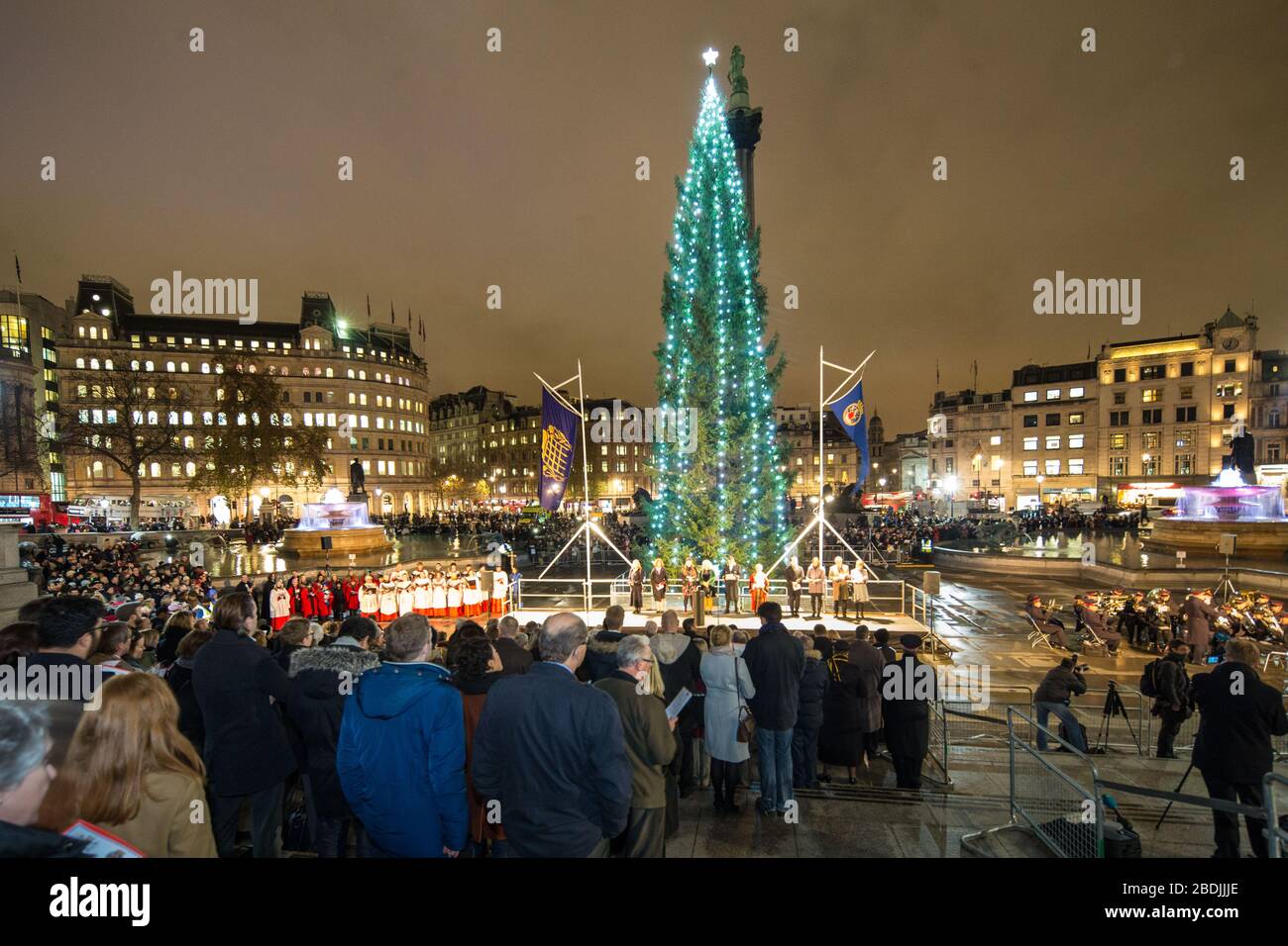 The Trafalgar Square Christmas tree is a Christmas tree donated to the people of Britain by the city of Oslo, Norway each year since 1947 Stock Photo
