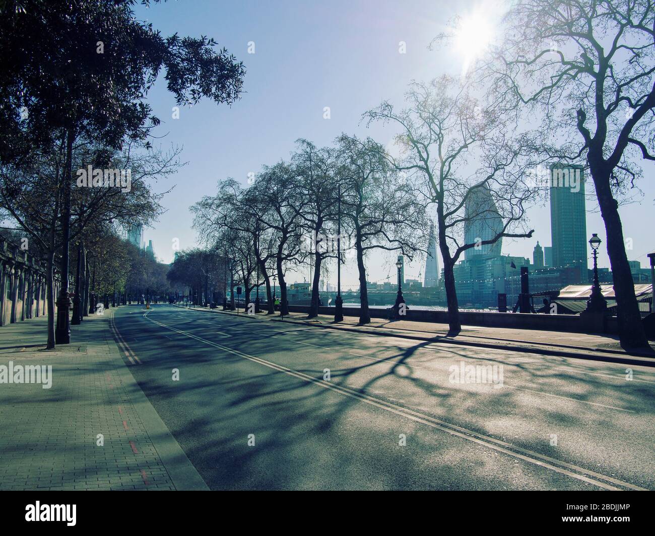 Thames Embankment at Temple.Deserted London in lockdown for Coronavirus. Stock Photo