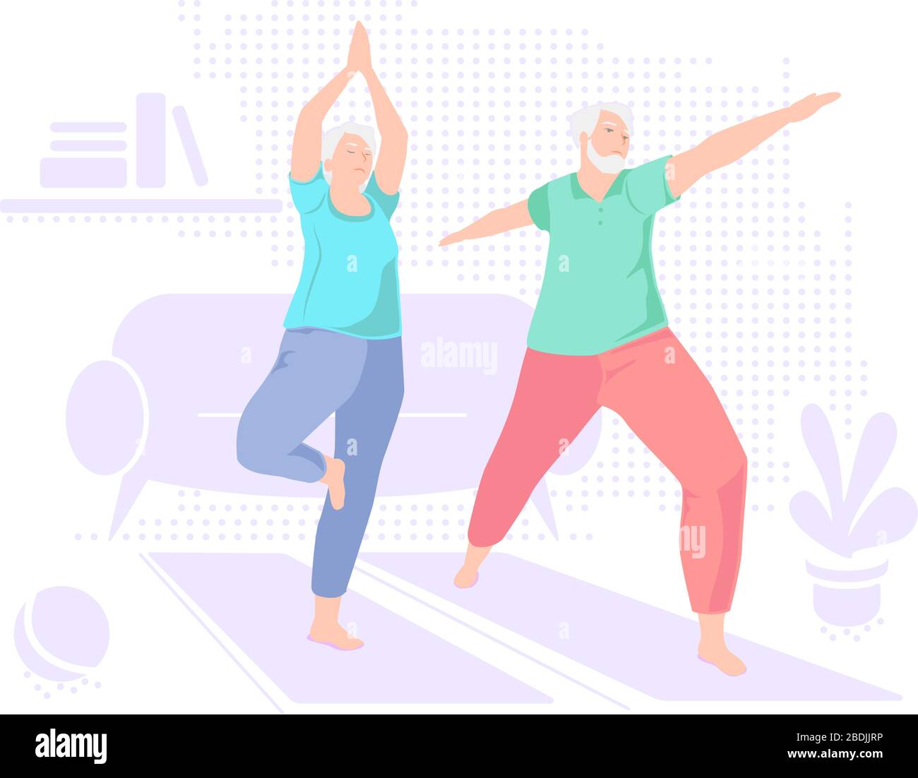 Elderly couple doing yoga at home. Indoor retired leisure. Active healthy lifestyle quarantined. Sport, fitness for senior person. Balance training. Old man and woman exercises vector illustration. Stock Vector