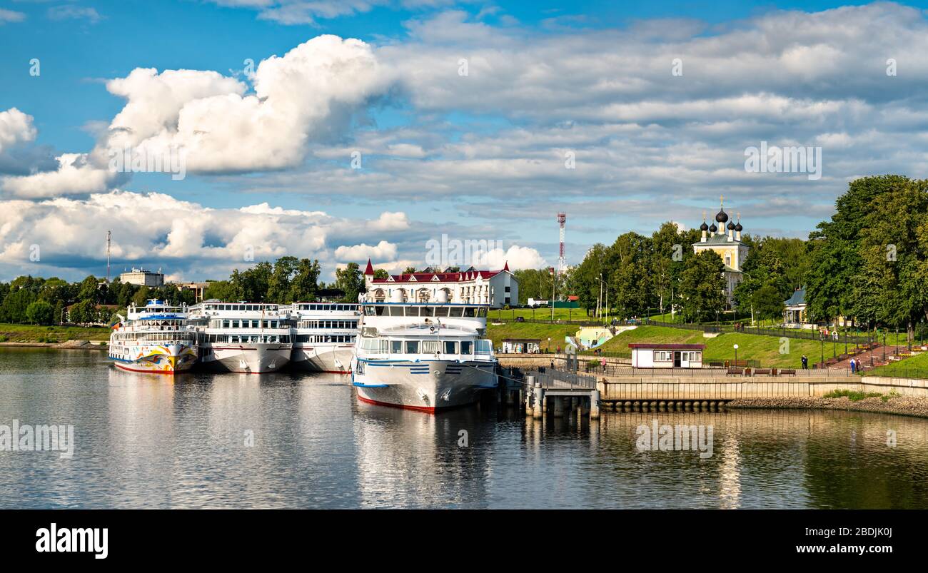 Cruise ships on the Volga river in Uglich, the Golden Ring of Russia Stock Photo