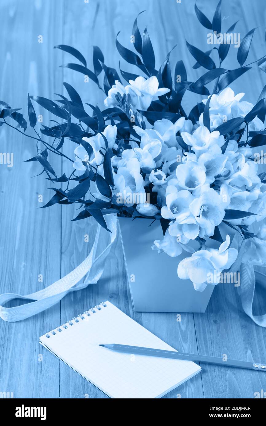 A delicate bouquet of white freesia in a lilac box and a clean notebook with a pencil on a wooden table. Holiday card. Tinting in Classic Blue Stock Photo