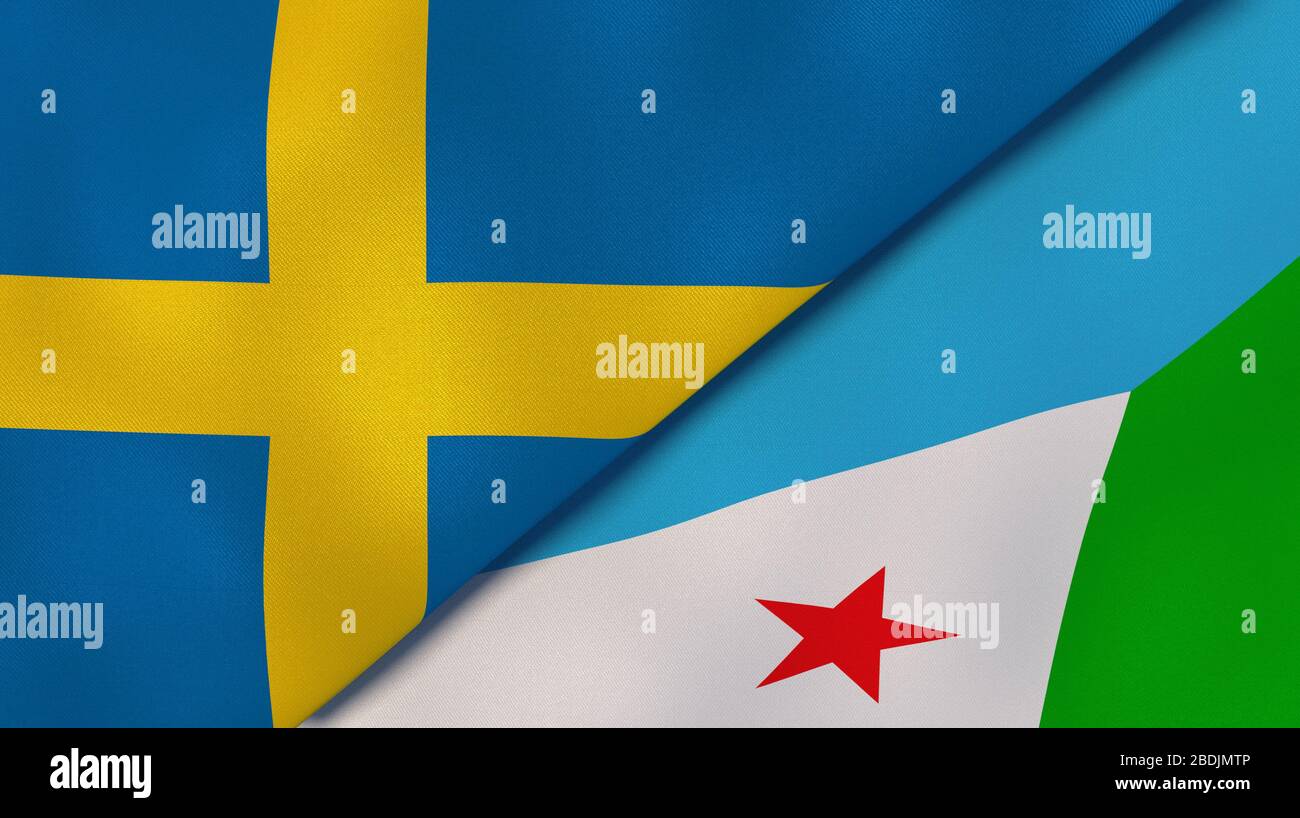 Two states flags of Sweden and DjiboutiHigh quality business background. 3d illustration Stock Photo