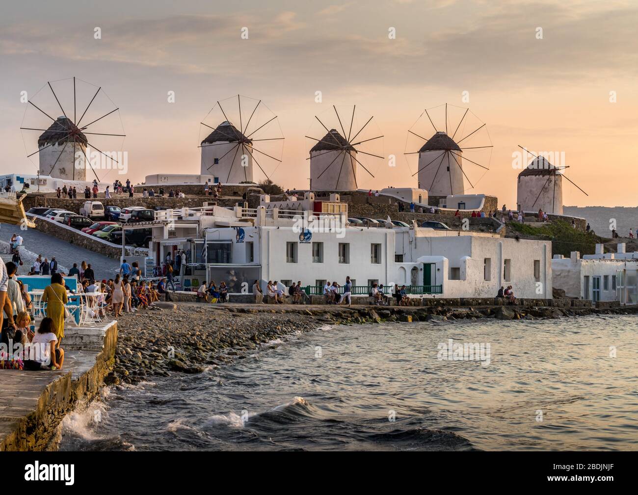 Mykonos, Greece - Oct 14, 2019.  Scenic view of famous and traditional greek windmills in Mykonos island, Stock Photo