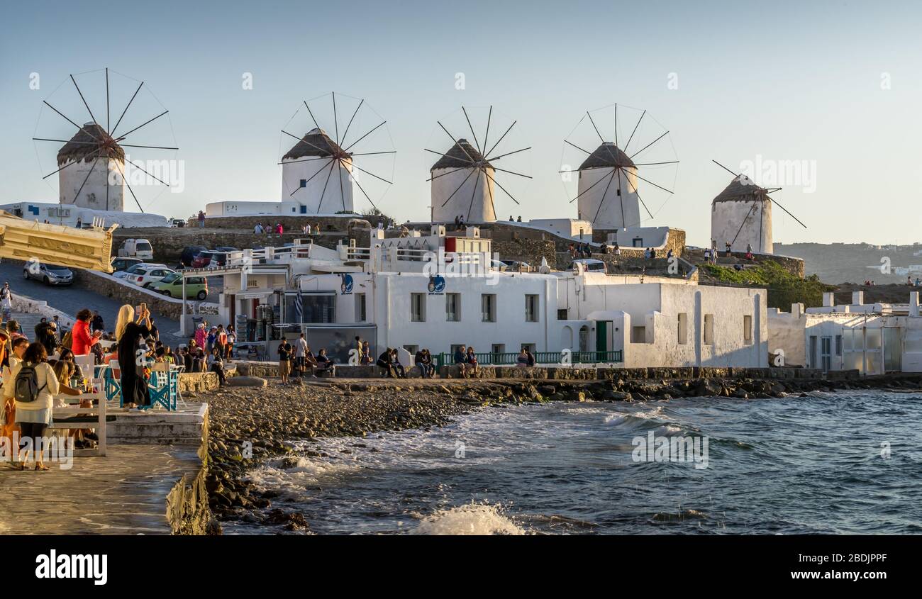 Mykonos, Greece - Oct 14, 2019.  Scenic view of famous and traditional greek windmills in Mykonos island, Stock Photo