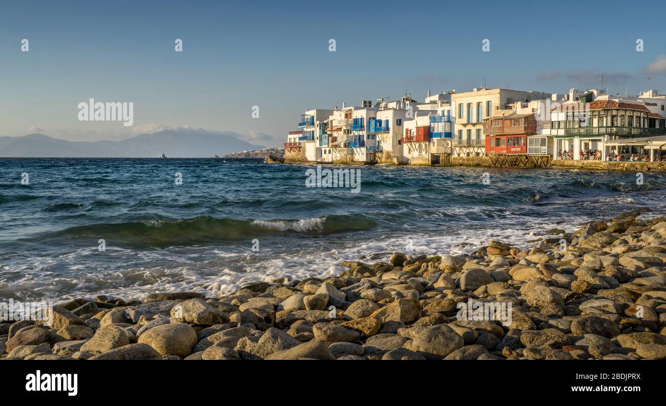 Mykonos, Greece - Oct 14, 2019.  colorful little Venice in Mykonos island,  in Greece Stock Photo