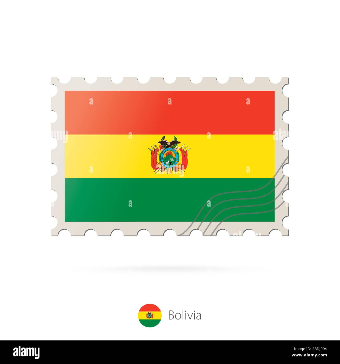 Postage stamp with the image of Bolivia flag. Bolivia Flag Postage on white background with shadow. Vector Illustration. Stock Vector