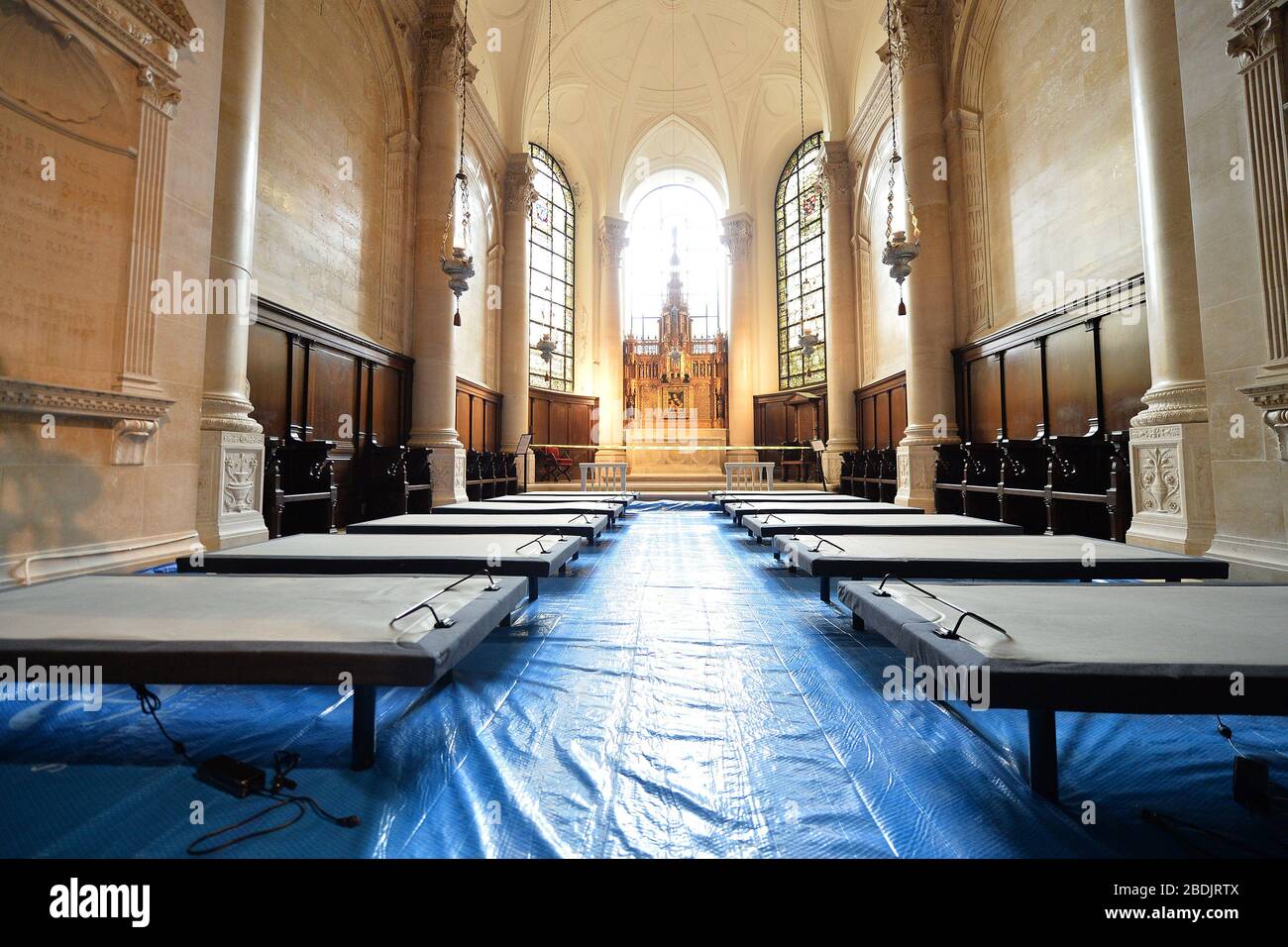 New York City, USA. 08th Apr, 2020. Beds are set up inside one fo the smaller chapels inside the Cathedral of St. John the Devine where it will be. transformed into an emergency Coronavirus field hospital by Samaritan's Purse in New York, NY, April 8, 2020. The 600-foot long cathedral is partnering with Mount Sinai Morningside Hospital to have 400 beds to treat COVID-19 patients. (Anthony Behar/Sipa USA) Credit: Sipa USA/Alamy Live News Stock Photo