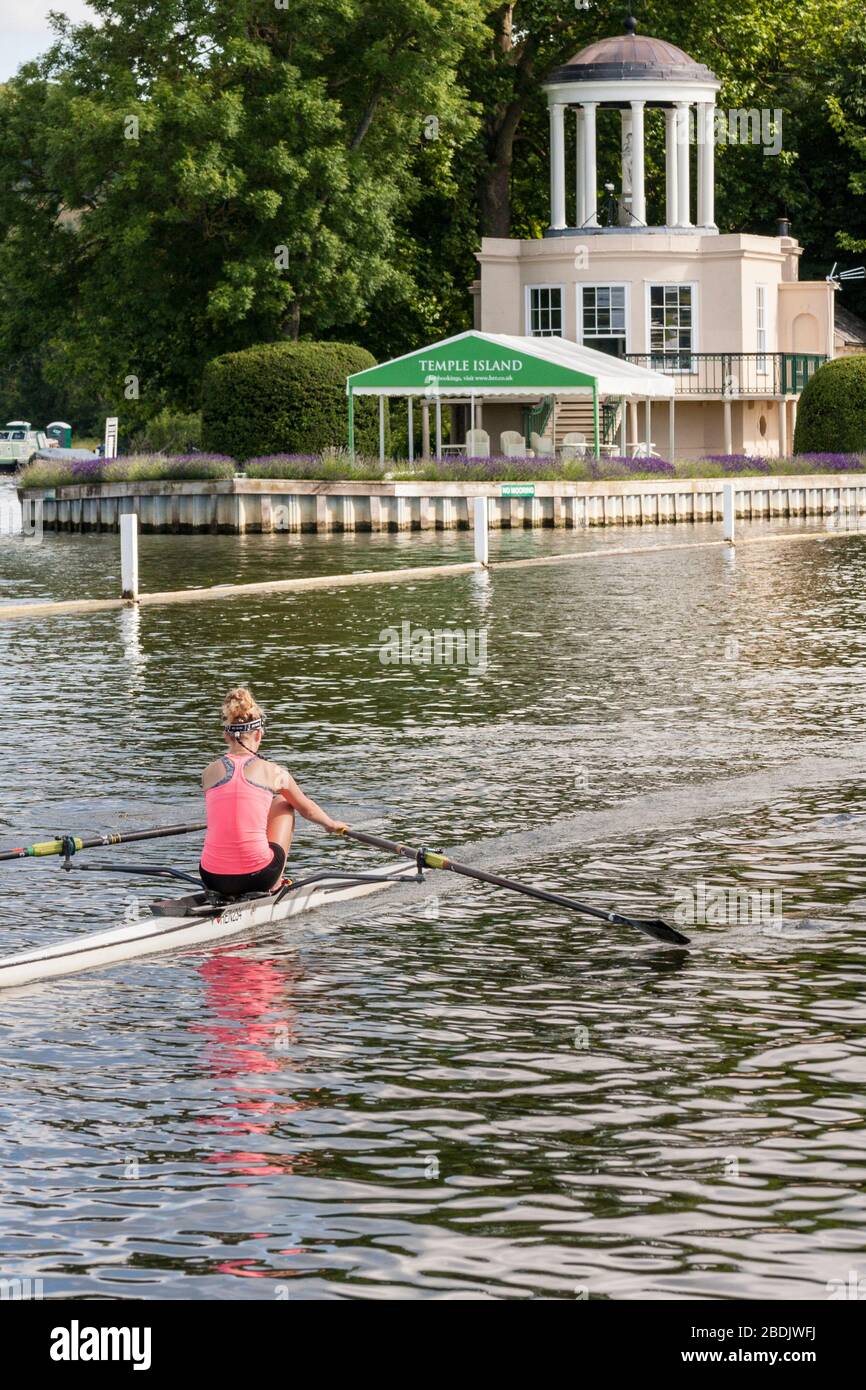 Rower passes Temple Island, Henley-on-Thames, Oxfordshire, England, GB, UK Stock Photo