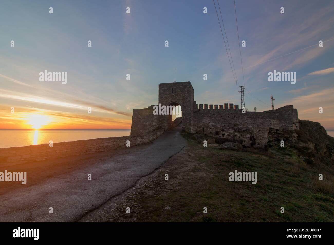 Sunrise at cape Kaliakra and the fortress. Stock Photo