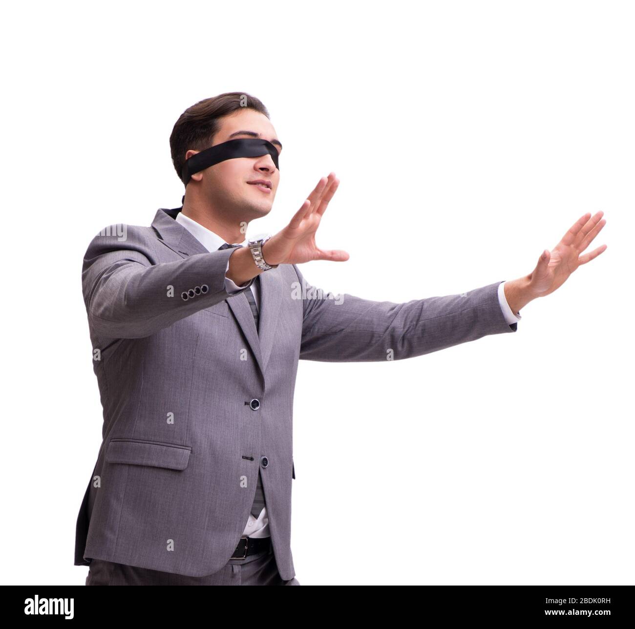 Happy Man Blindfold Person Showing Super Stock Photo 1696869070