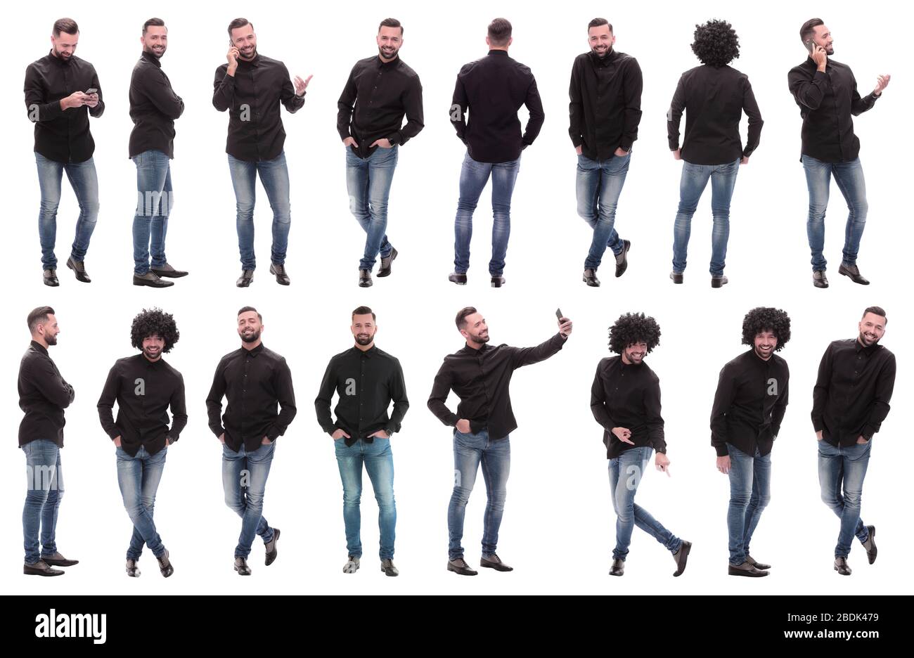 collage of photos of a cheerful young man in jeans Stock Photo - Alamy