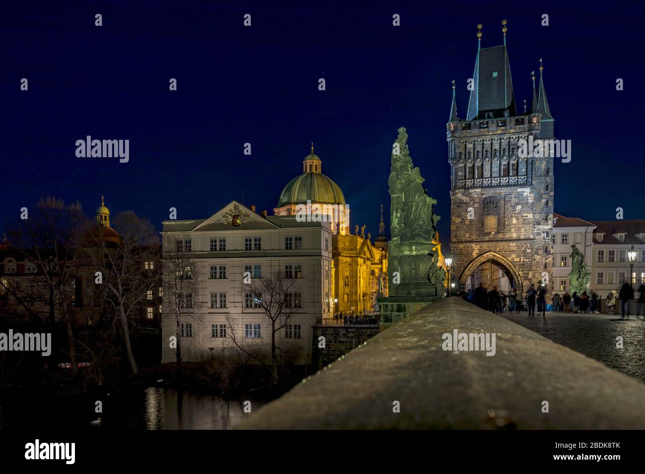 Famous Charles Bridge and tower at night, Prague, Czech Republic Stock Photo