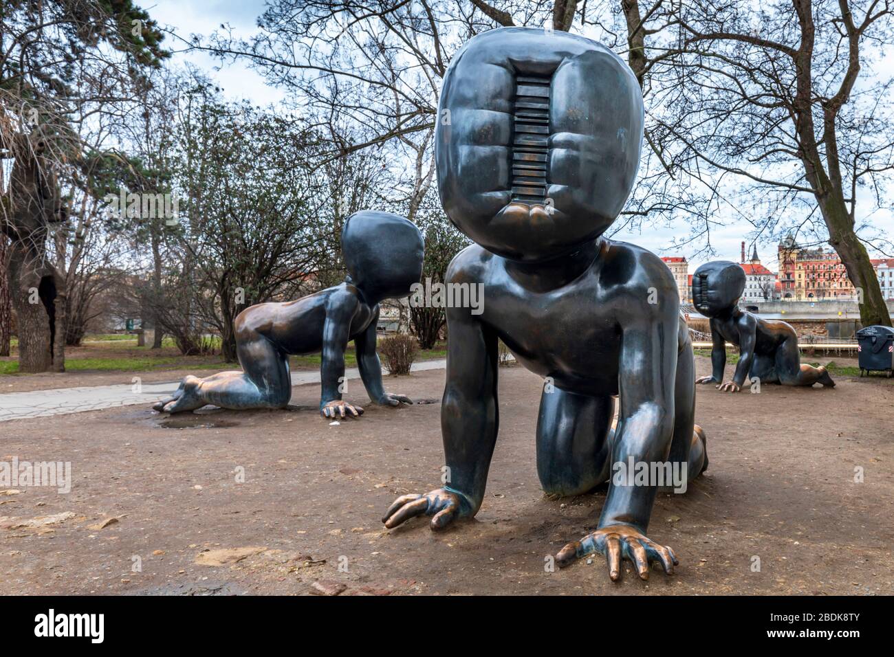Giant bronze crawling babies located in Prague’s Kampa Park by Czech sculptor and artist David Cerny Stock Photo