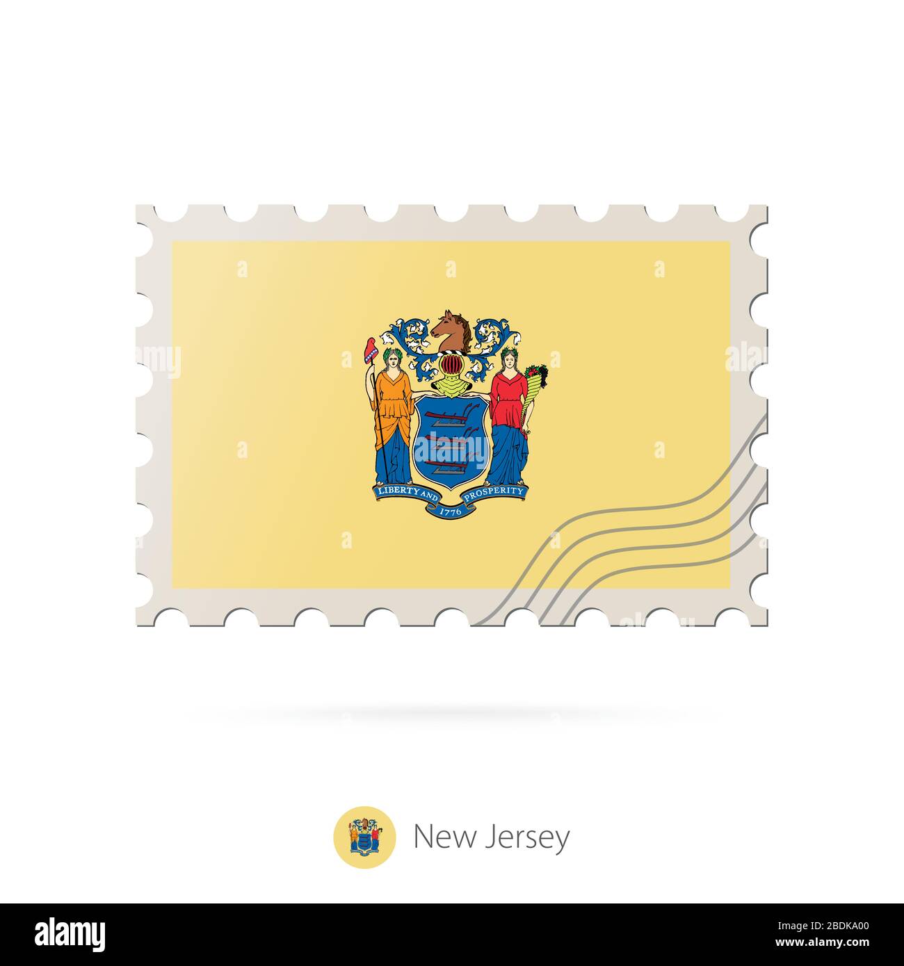 Postage stamp with the image of New Jersey state flag. New Jersey Flag Postage on white background with shadow. Vector Illustration. Stock Vector