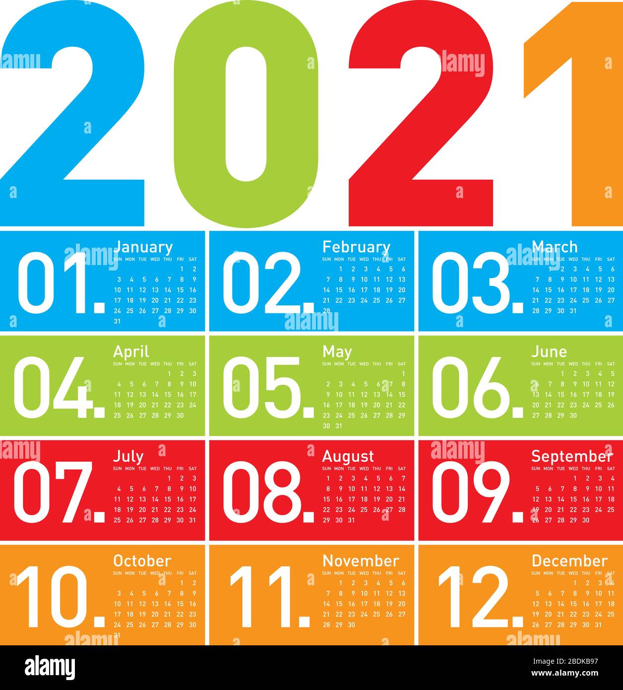 Colorful Calendar for Year 2021, in vector format. Stock Vector