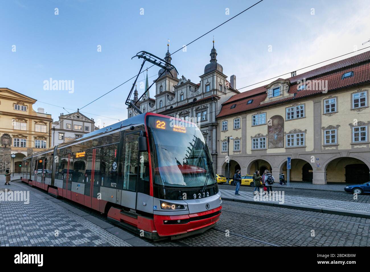 Modern Tram, Malostranske namesti (Lesser Town Square) , Mala Strana, Prague, Czech Republic Stock Photo