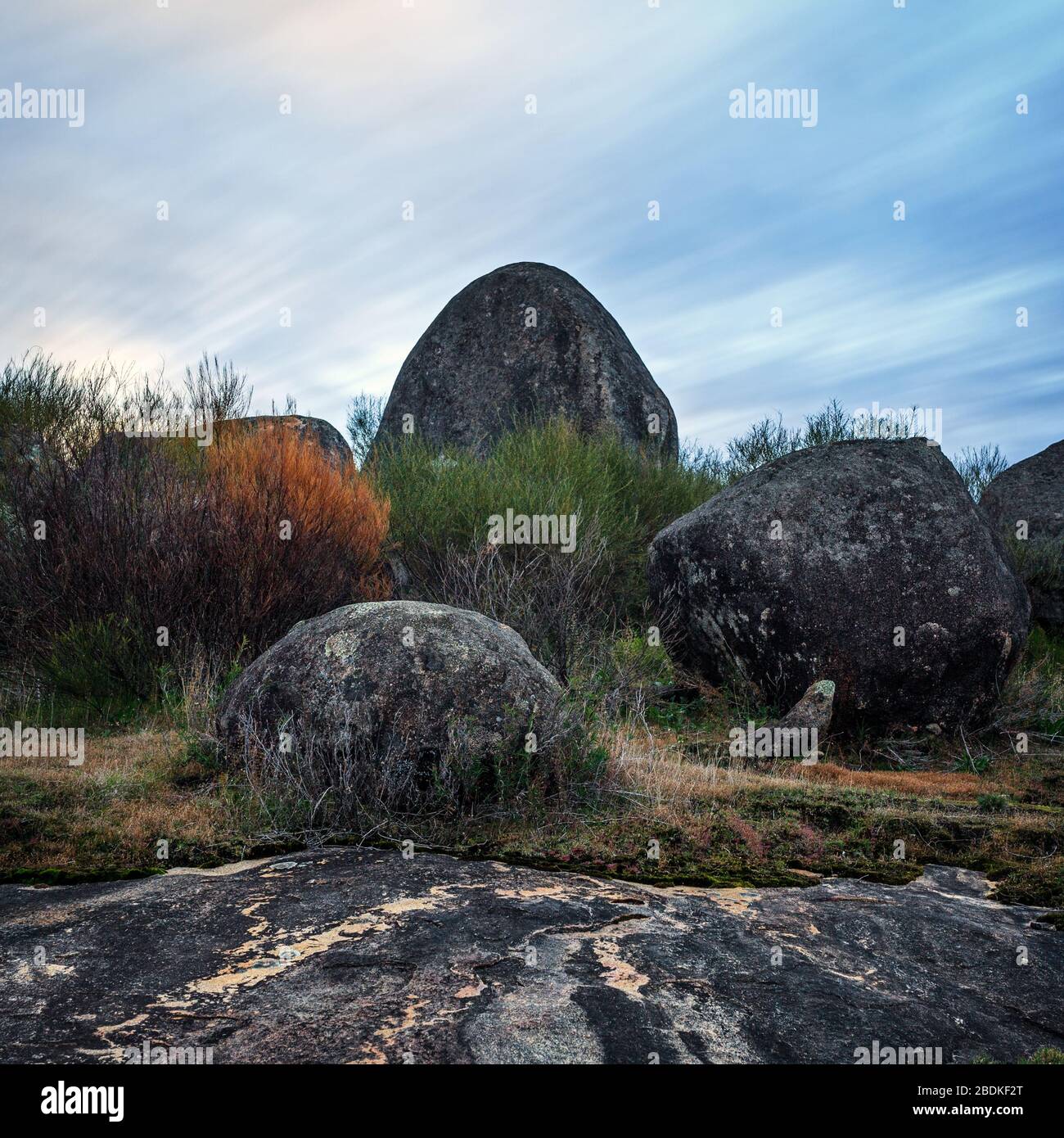 Boulders scattered on the granite rock outcrop at Boulder Rock, Karragullen, Western Australia Stock Photo