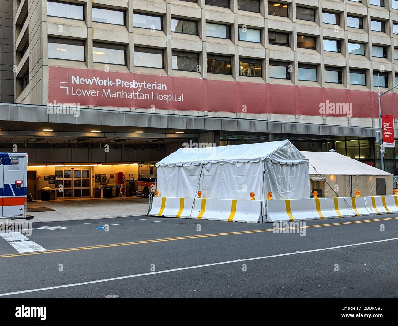 Temporary entrance for coronavirus patients at New York Presbyterian Hospital in Lower Manhattan. Stock Photo