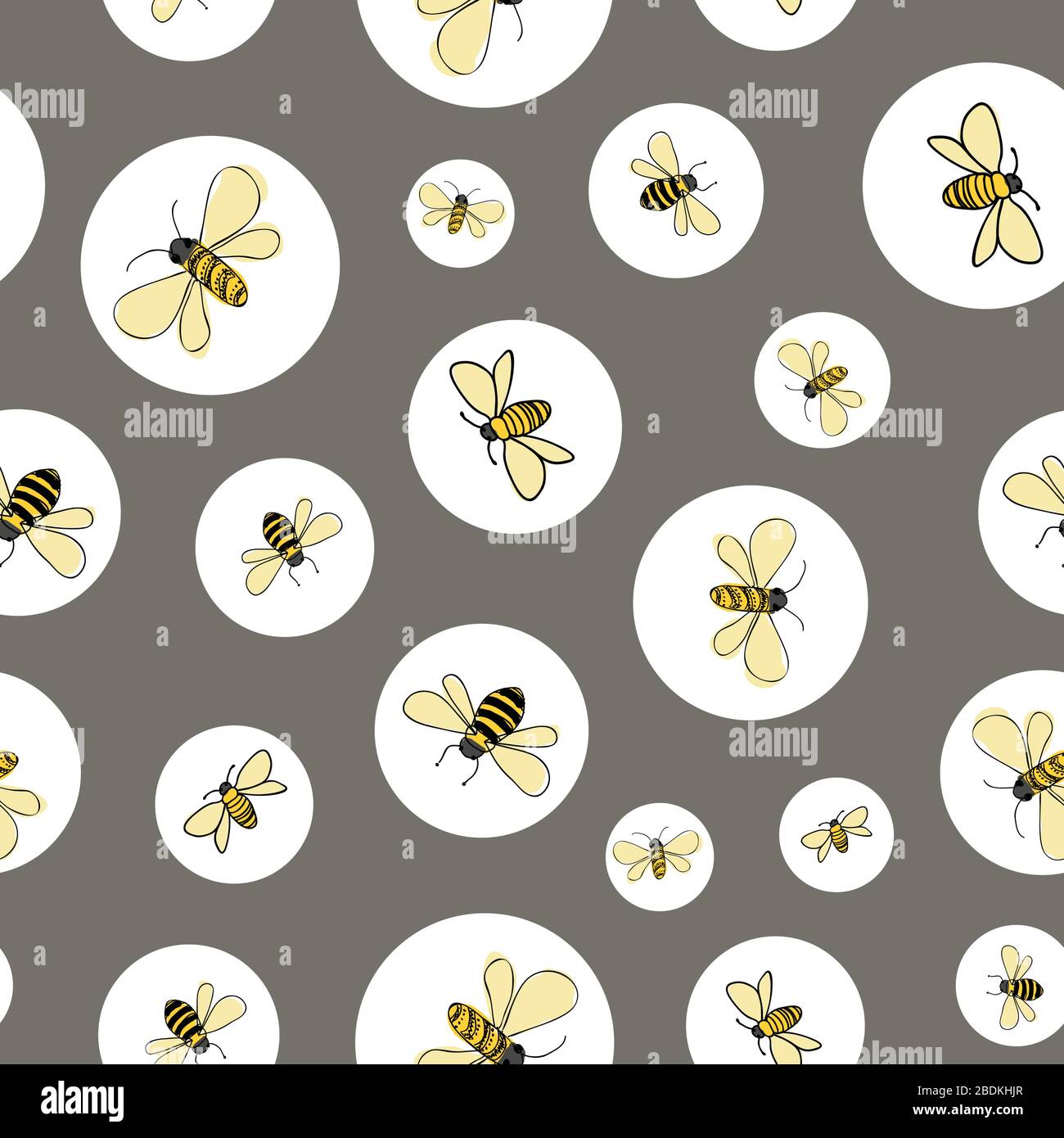 Bees isolated in circles on gray background seamless vector pattern ...