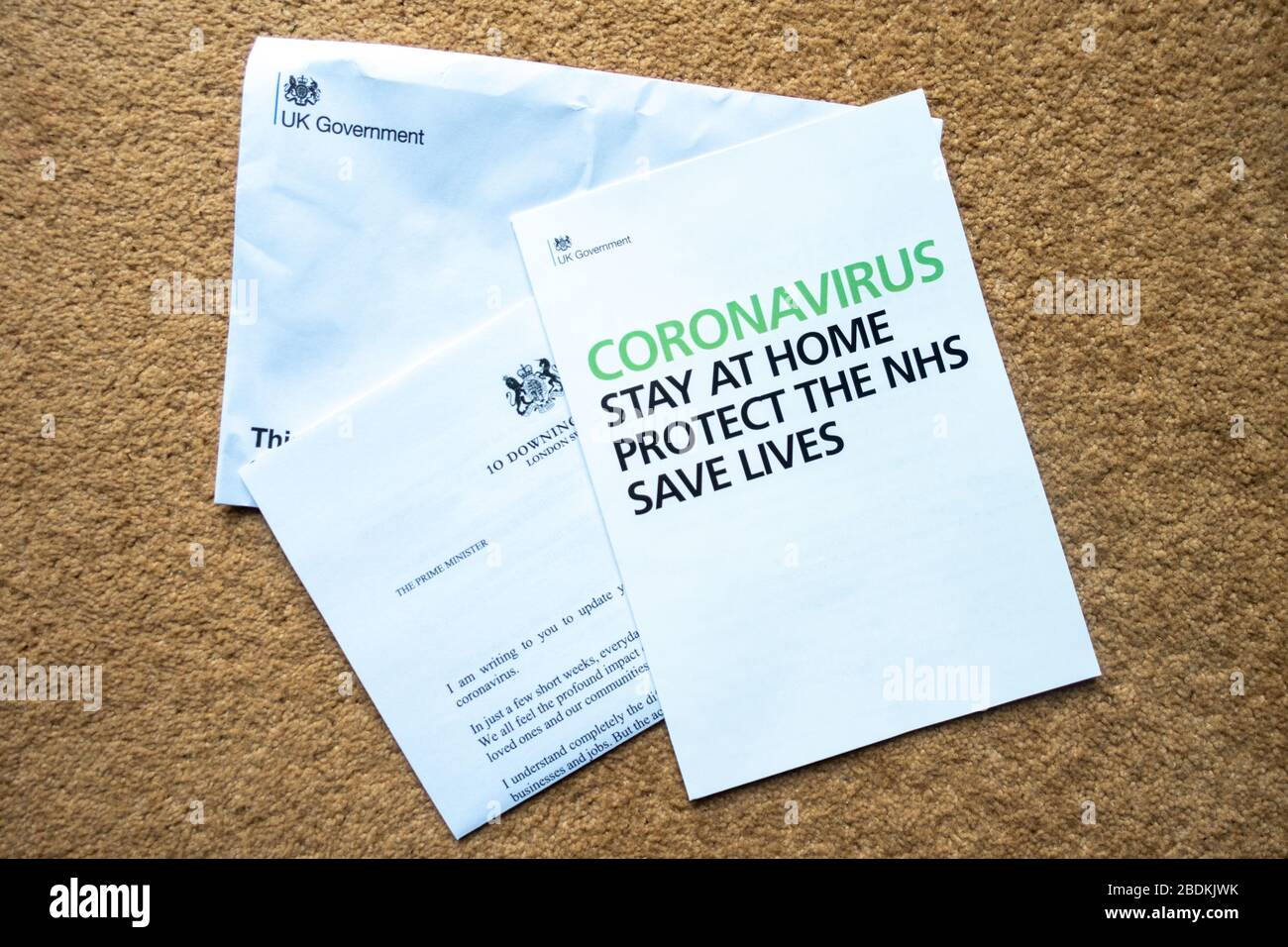 Letter and information pack sent by The UK Government to UK households in April 2020 giving instructions to follow and detailing advice on avoiding contracting the coronavirus. Stock Photo