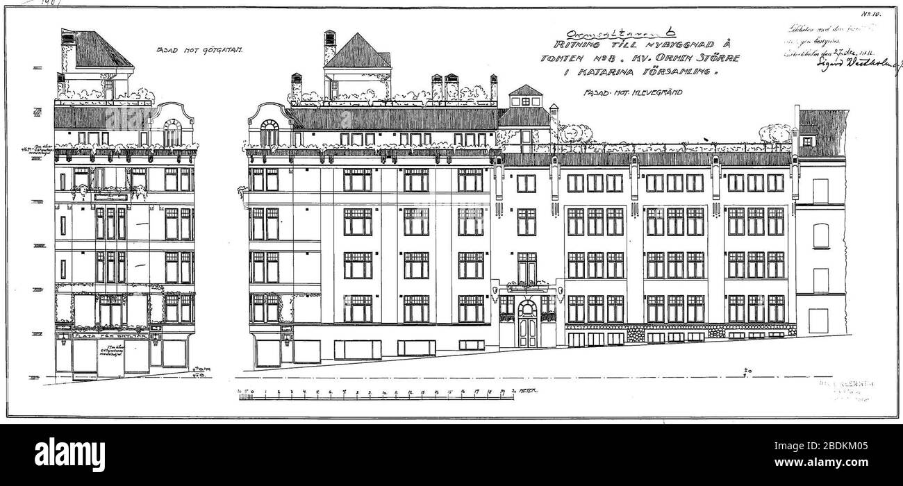 Götgatan 7 fasadritning 1911. Stock Photo