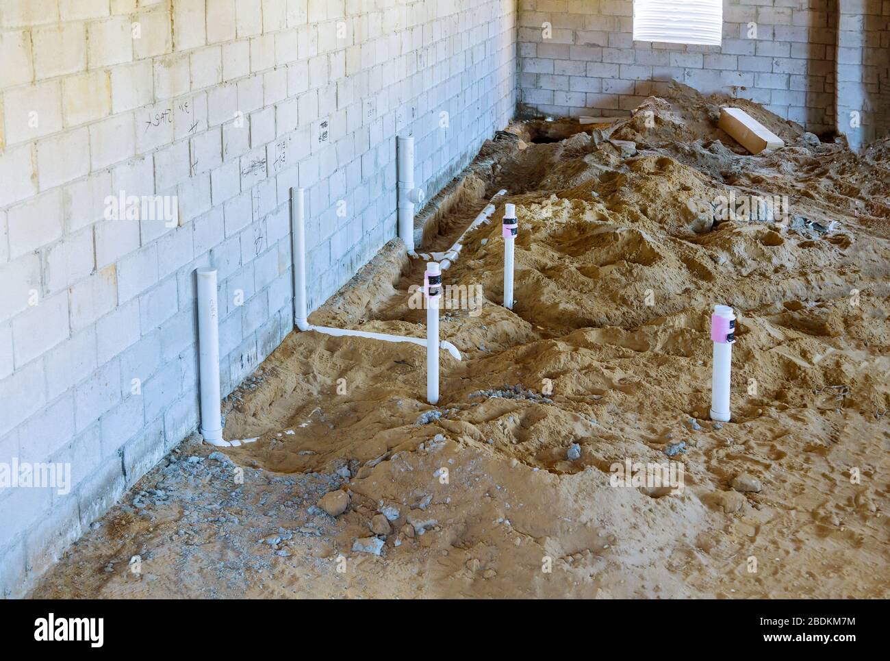 PVC drain pipes in a new house in basement assembling system of