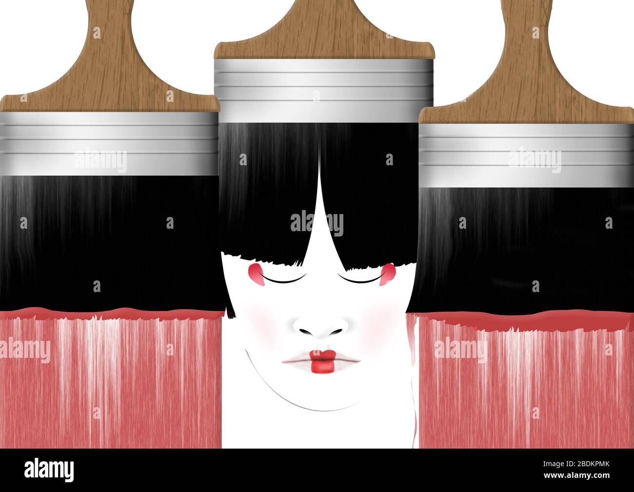 Paint brush bristles form the hair around a Geshia’s face in this illustration about Japanese art. Stock Photo