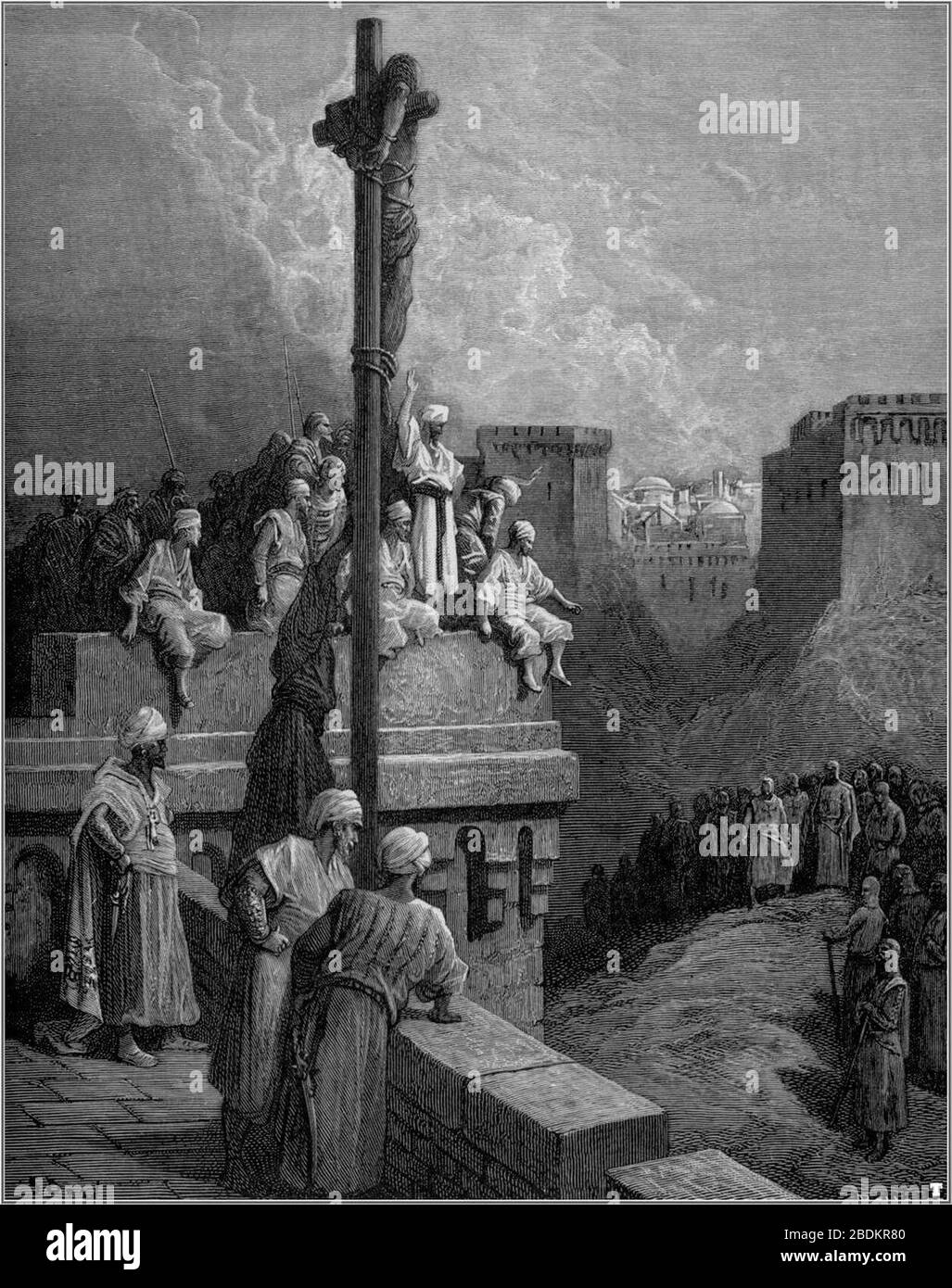 Gustave dore crusades gerard of avesnes exposed on the walls of asur. Stock Photo