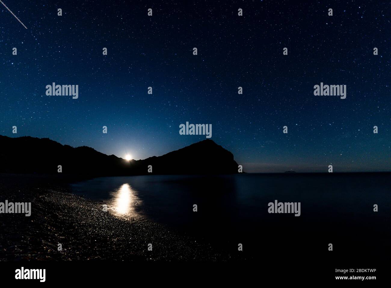 night of stars and moonlight on El Colorado beach, Sonora Mexico. Sonora desert, very similar to the Arizona and Baja California desert. Gulf of Calif Stock Photo