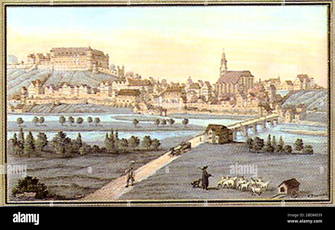H Baumann (nach M. Merian) - Tübingen im 16. Jahrhundert - kolFederzeichnung 1860 Inv.1615 (SW161). Stock Photo