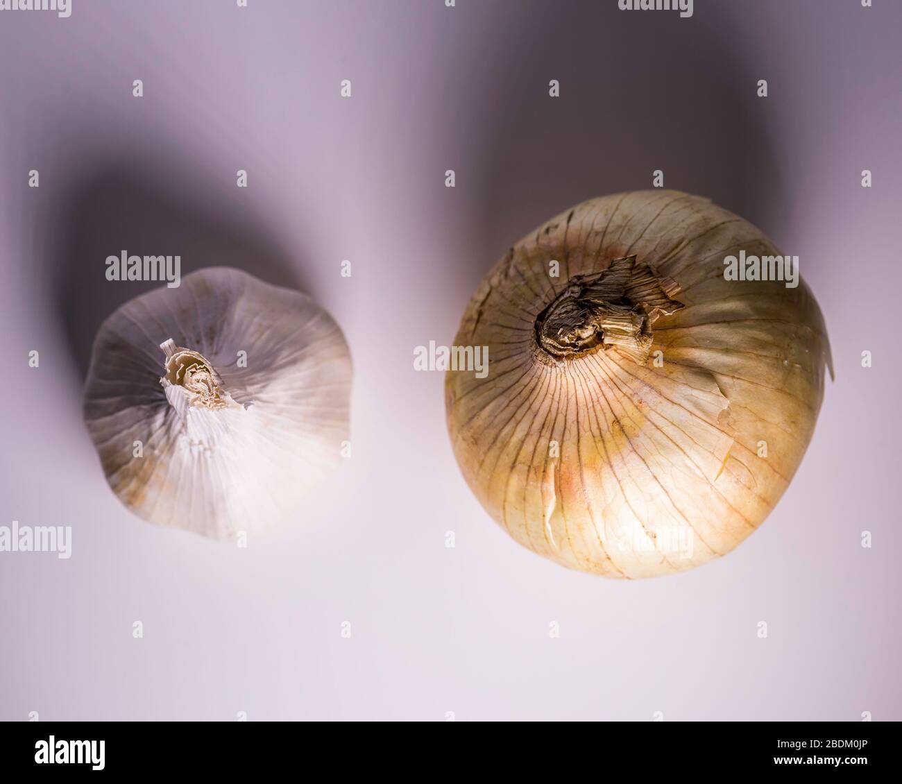 head of garlic and Raw onion from above Stock Photo Alamy