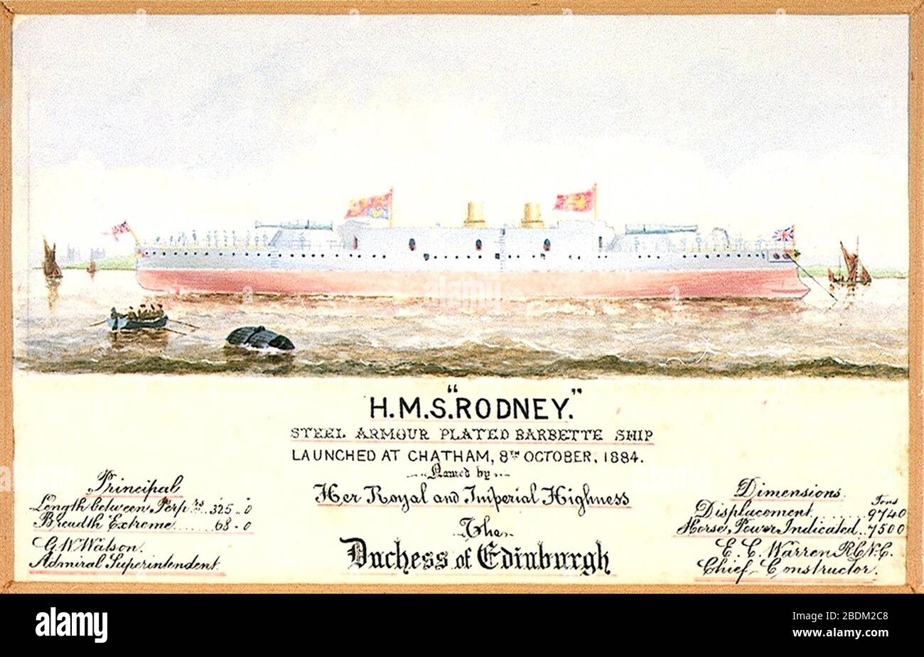 H.M.S. Rodney steel armour plated barbette ship launched at Chatham 8th October, 1884. Named by Her Royal and Imperial Highness the Duchess of Edinburgh. Principal dimensions. Length between perprs 325'0‘ Breadth Extreme Stock Photo