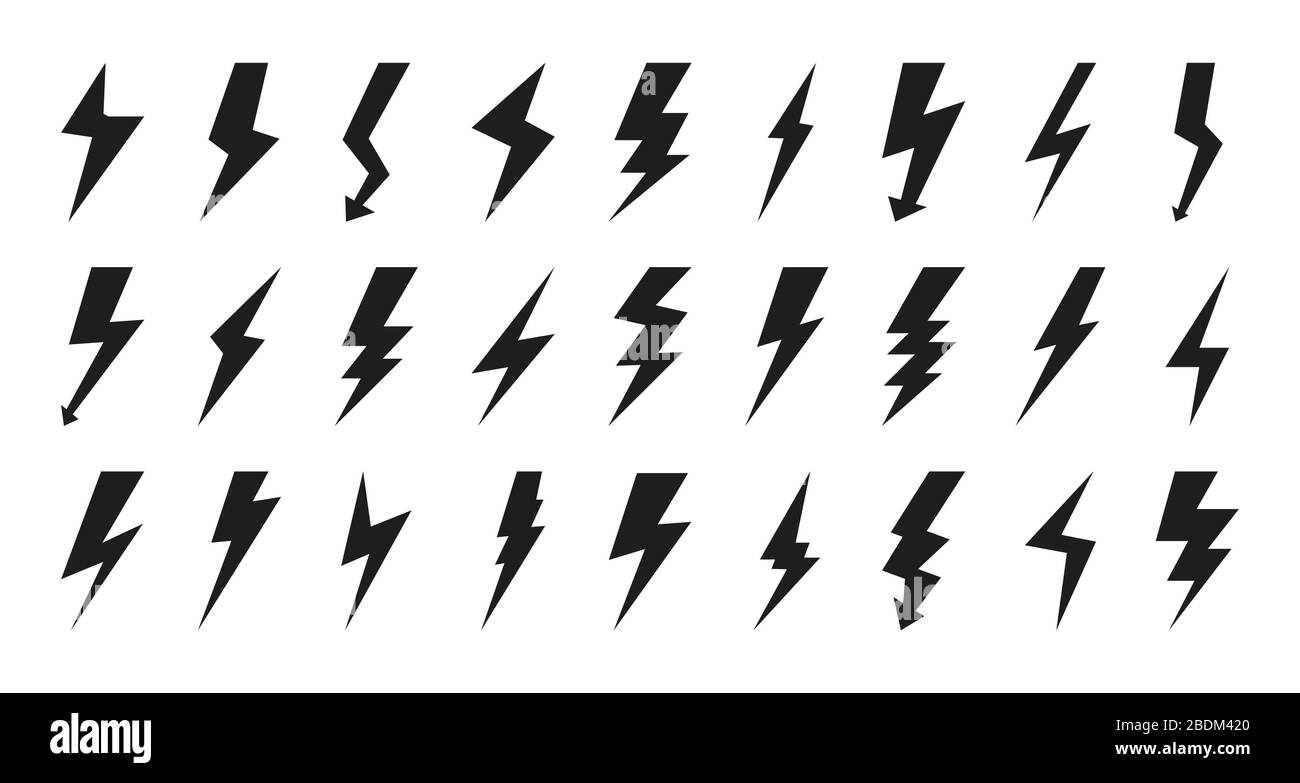 Black lightning bolt icon set. Empty silhouette design for logotype electricity. Glyph flash pictograms for sign charge or voltage, thunder and lightning strike. Isolated on white vector illustration Stock Vector