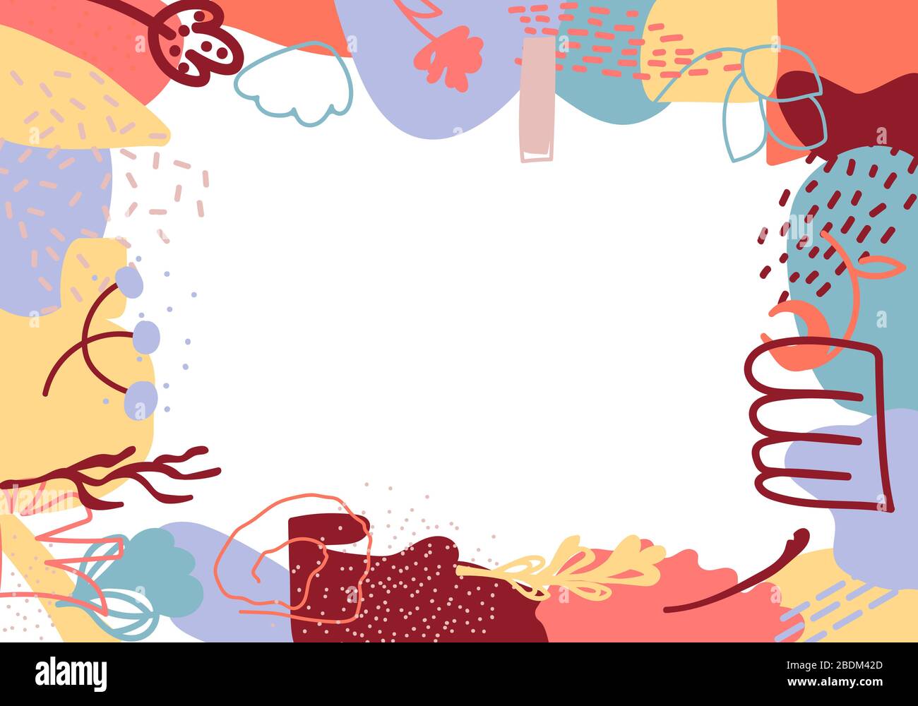 Abstract floral of hand drawn shapes. Horizontal frame and space for text. Great for banner birthday, wedding invitation cards. Doodle organic element, creative modern art objects. Vector illustration Stock Vector