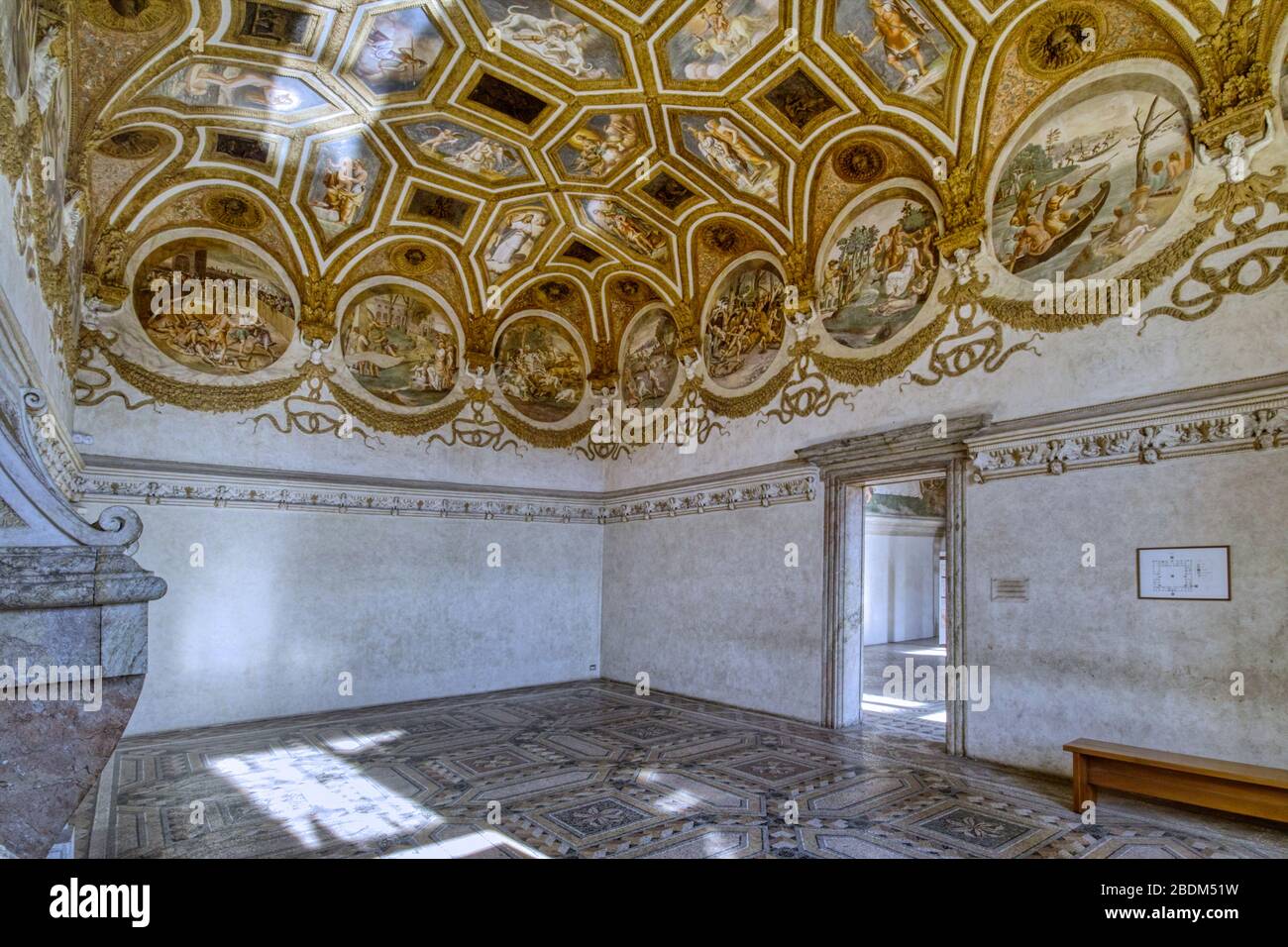 Palazzo Te (16th century) Mantua, Italy. The Chamber of the Winds owes its name to the masks of the personified winds in the lower part of the vault. Stock Photo