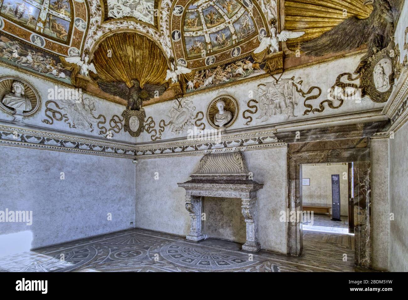 Palazzo Te (16th century), Mantua, Italy. The Camera of the Eagles owes its name to the eagles placed with spread wings at the corners of the room. Stock Photo