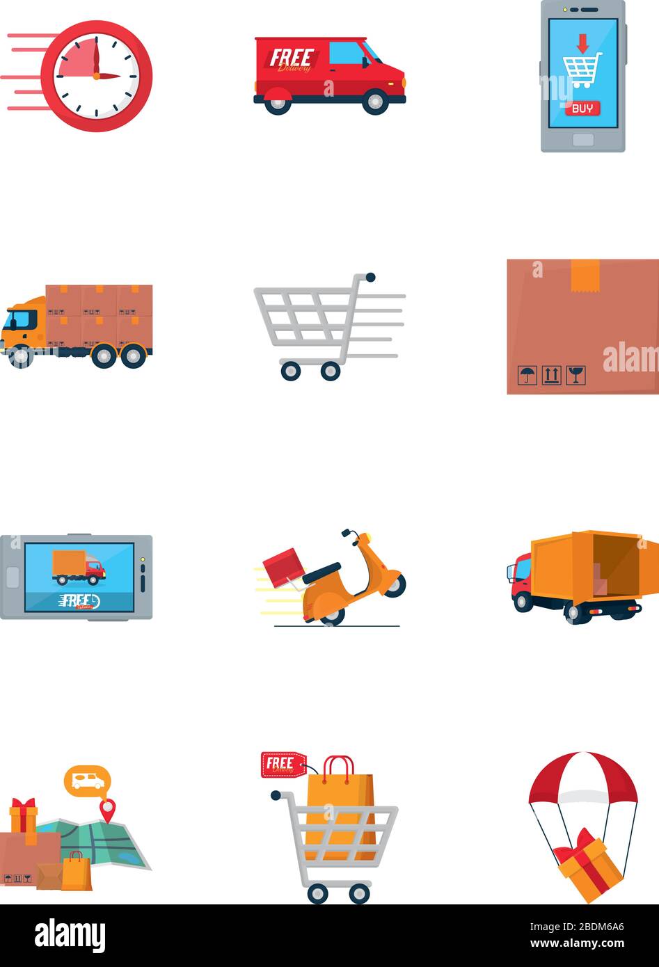 cargo trucks and free delivery icon set over white background, colorful ...