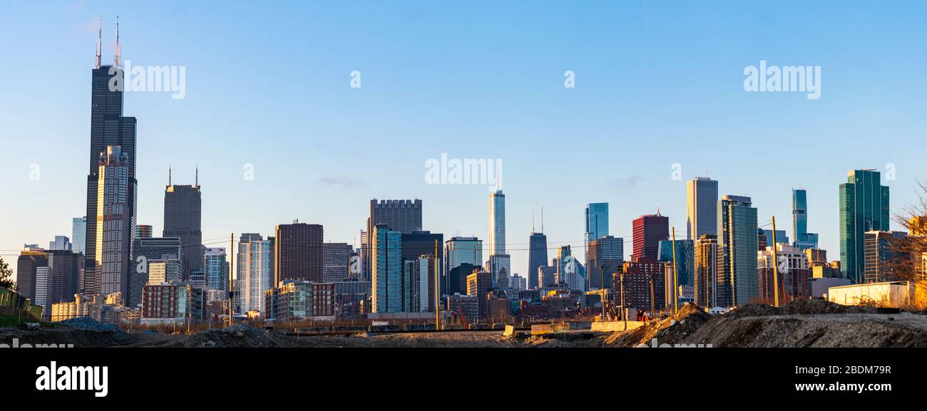 Chicago, Illinois, United States - April 4, 2020: Panoramic shot of Chicago's skyline from its south side. Stock Photo