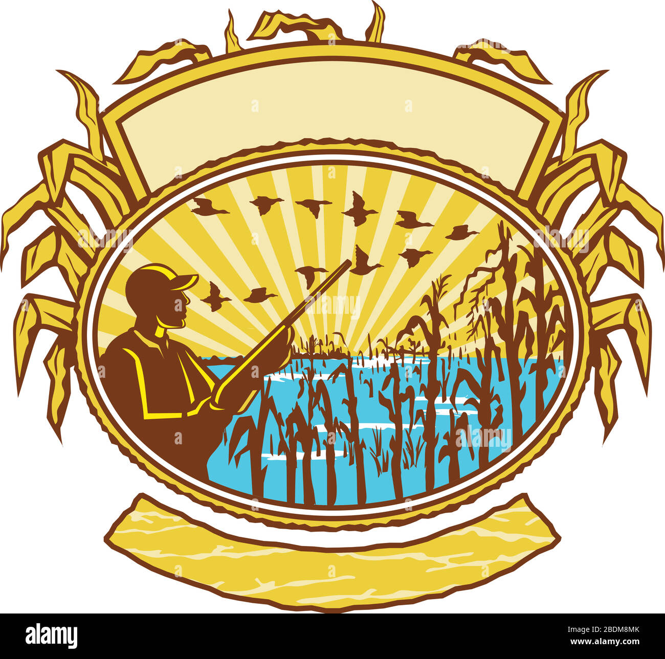 Retro style illustration of a bird or duck hunter with rifle in flooded cornfield with corn stalks set inside oval shape with banner and sunburst on i Stock Vector