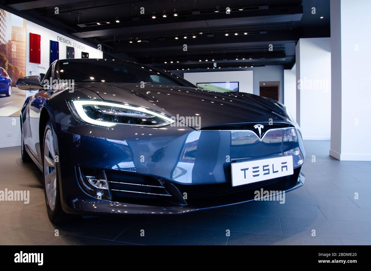 AUCKLAND, NEW ZEALAND - April 4, 2020: Silver Tesla Model S in auckland, new zealand showroom Stock Photo